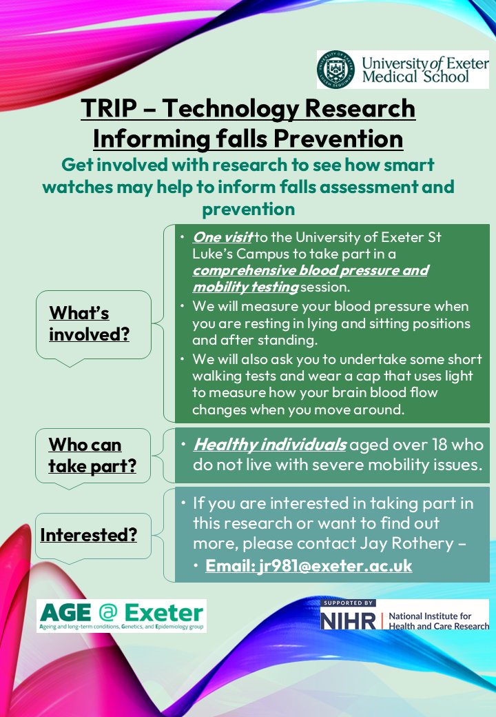 **VOLUNTEERS REQUIRED**
Interested in knowing your blood pressure using nothing but your smart watch?
We're looking for volunteers to participate in our research into using smartwatches to measure blood pressure and activity to prevent falls.
Details below - everybody welcome!