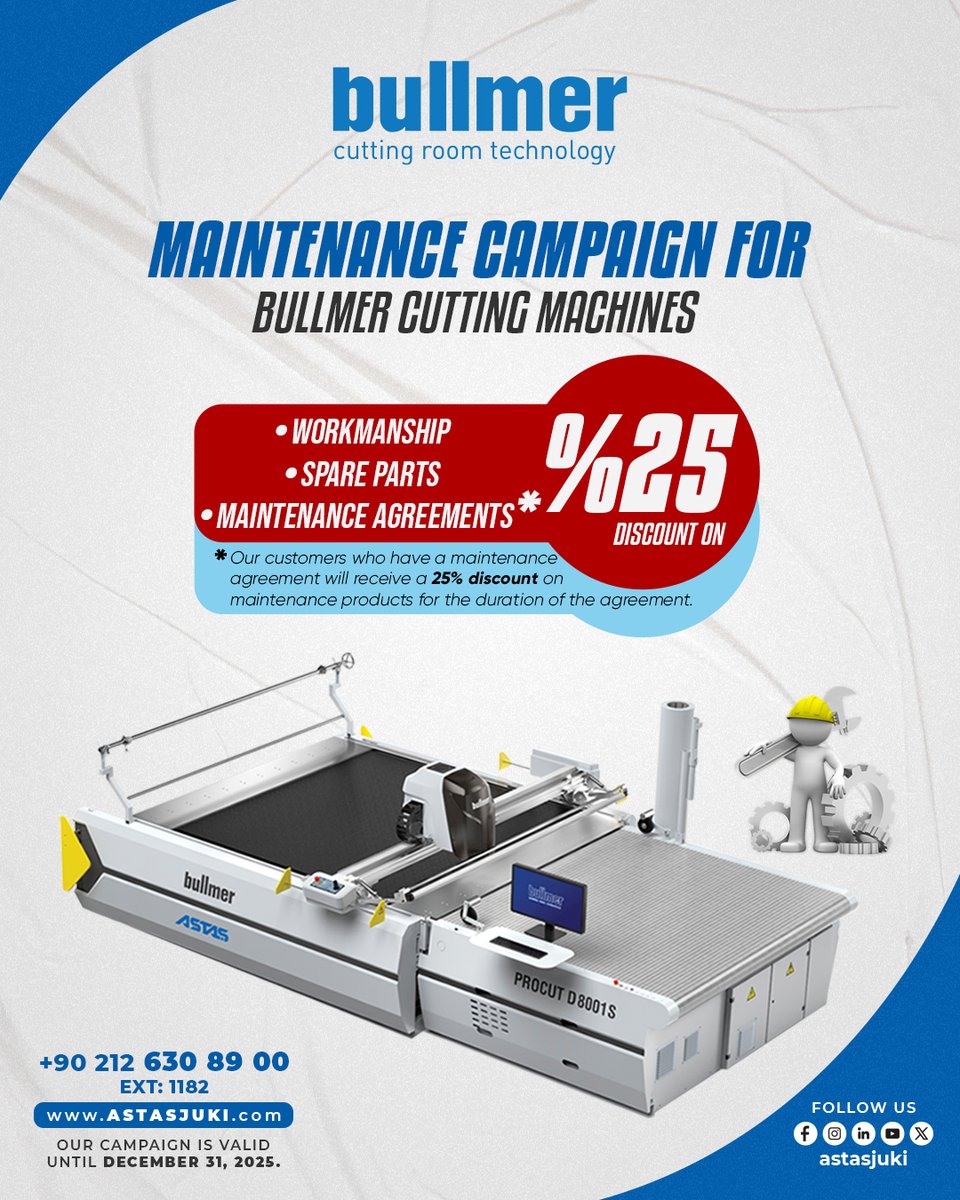 AstasTechnology's tweet image. 🎯 Bullmer Cutting Machines Maintenance Campaign!

📌 Campaign valid until: December 31, 2025
📞 For information and orders: +90 212 630 89 00 | astasjuki.com

#Bullmer #BullmerCutting #CuttingMachine #MaintenanceCampaign #SparePartsDiscount #BullmerMaintenance