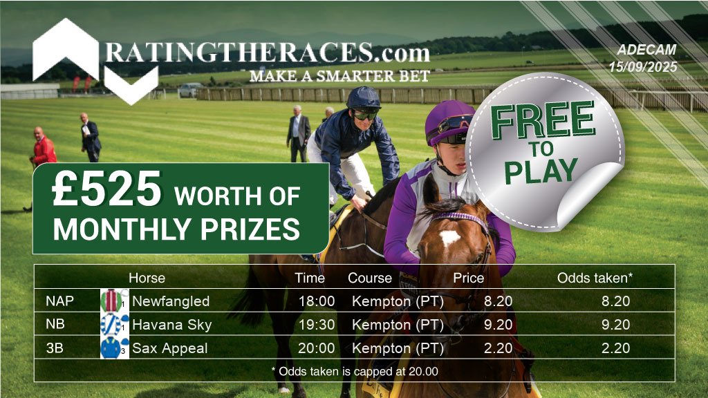 adecam's tweet photo. My #RTRNaps are:

Newfangled @ 18:00
Havana Sky @ 19:30
Sax Appeal @ 20:00

Sponsored by @RatingTheRaces - Enter for FREE here: https://t.co/xXRIHjb5ti https://t.co/3c1NCjH9y4