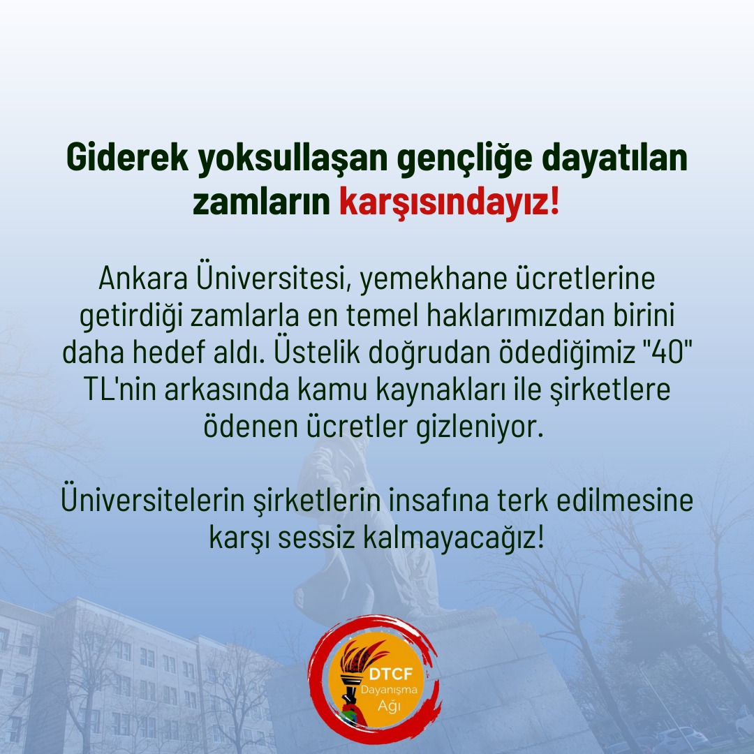 Giderek yoksullaşan gençliğe dayatılan zamların karşısındayız! 
#ankarauniversitesi 
#dtcf 
#ankarauniversitesisks 
#Boyuneğme