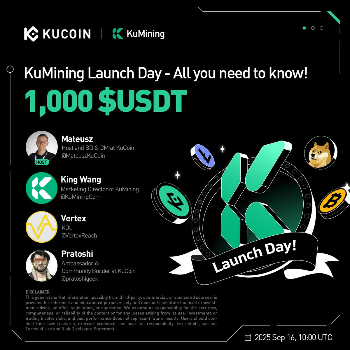 kucoincom's tweet image. 🚀 Join us for an exclusive #KuCoinFireSideChat where we dive deep into everything you need to know about KuMining. Get insights from key speakers and learn how it works!

🎁 1,000 $USDT to win!
 
1. Follow @kucoincom, @BC_KuCoin &amp;amp; @KuMiningCom
2. Join the space:…