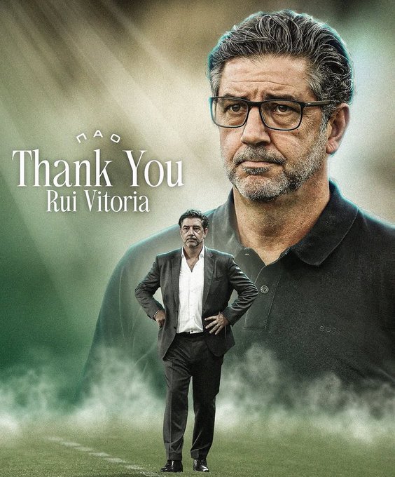 Rui Vitória standing on a field، wearing a black suit and white shirt، with hands on hips. A larger background image shows Rui Vitória in a black polo shirt، with a serious expression. Text overlay reads "Thank You Rui Vitória" in white.