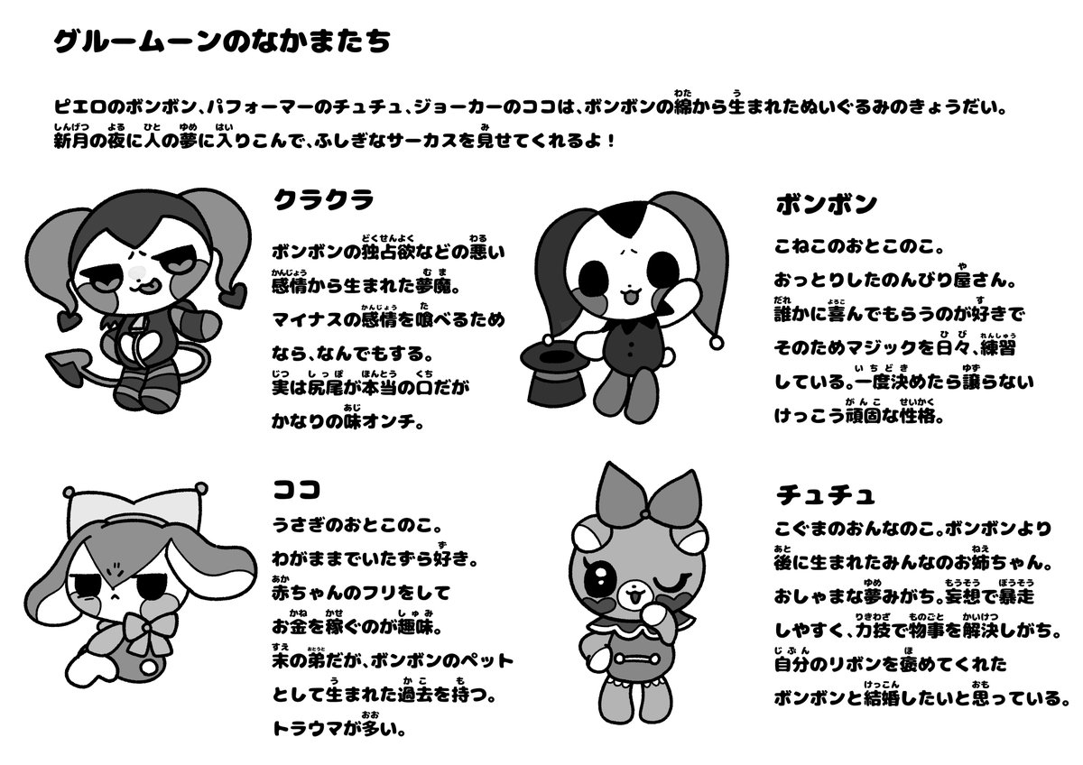 前に作ってたボンボンたちのキャラ紹介です🖤💜🩷💙