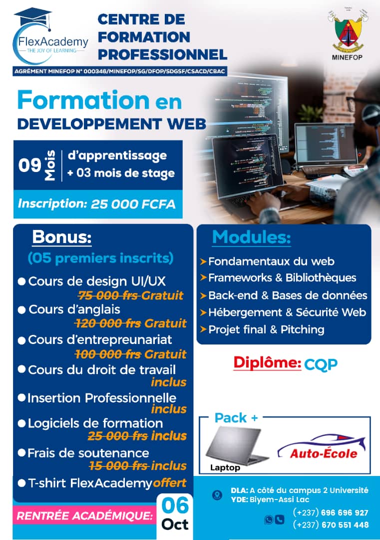 flexacademy21's tweet photo. Diplôme: (𝗖𝗤𝗣)
Rentrée:  6 Octobre, 2025
Frais d'inscription :  25, 000 FCFA
Campus : 𝗗𝗼𝘂𝗮𝗹𝗮 𝟲𝟵𝟲 𝟲𝟵𝟲 𝟵𝟮𝟳
𝗲𝘁 𝗬𝗮𝗼𝘂𝗻𝗱é 𝟲𝟳𝟬 𝟱𝟱 𝟭𝟰 𝟰𝟴
#Écoledeformationendéveloppementweb #CompétencestechniquesprofessionnellesDouala #Carrièredansledéveloppementweb https://t.co/Fcv2crw11G