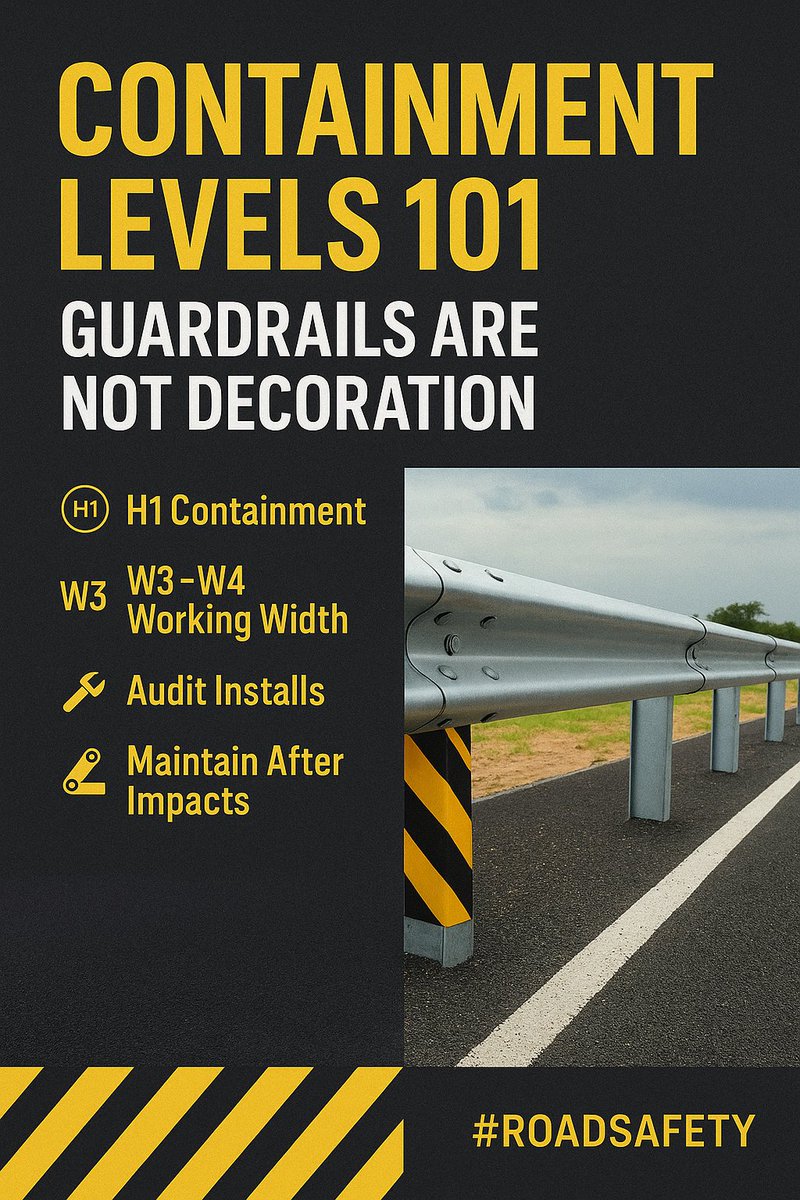 OmEngineerin's tweet photo. Guardrails aren’t “decoration.” They’re the last line between a mistake and a morgue. Choose the right containment (H1/W3–W4), audit installs, and maintain. Speed thrills, invoices kill. #RoadSafety #roadsafetytips #EngineersDay2025 #NHAI  #CrashBarrier  #Highways https://t.co/kMd7dUfsXz