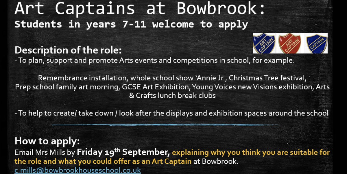 Applications for Arts Captain this week! <a href="/bowbrookhouse/">BowbrookHouseSchool</a> <a href="/HeadmasterBBHS/">HeadmasterBBHS</a>