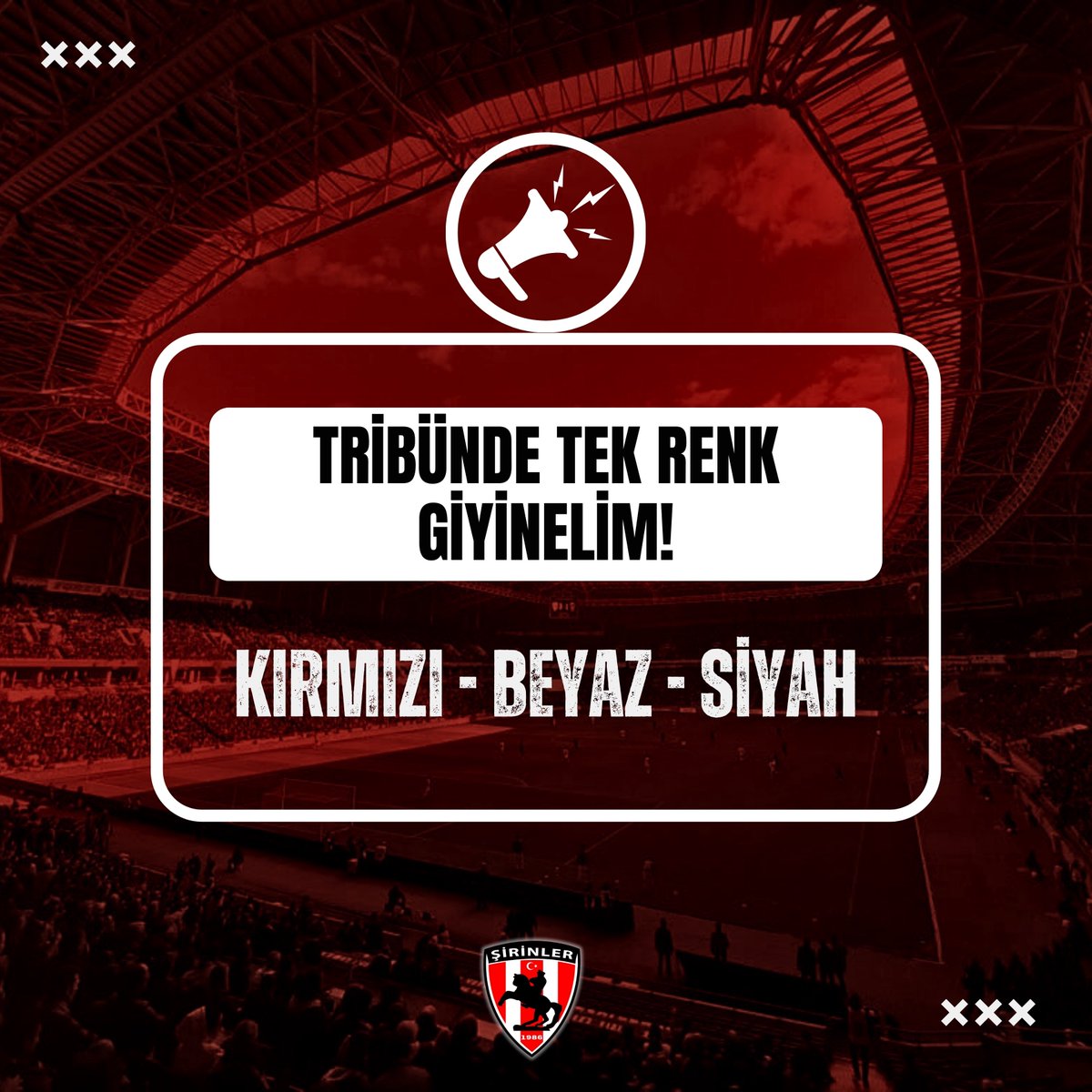 🚫 BAŞKA RENK FORMA TRİBÜNDE KABULÜMÜZ DEĞİLDİR! 🚫

Bu armanın adını, gururunu, ağırlığını taşıyan tek renkler bellidir:

KIRMIZI – BEYAZ – SİYAH! ⚪🔴⚫

Maça gelirken formanı, atkını, bu üç renkten birini mutlaka üzerinde taşı!

#Samsunspor #Şirinler1986