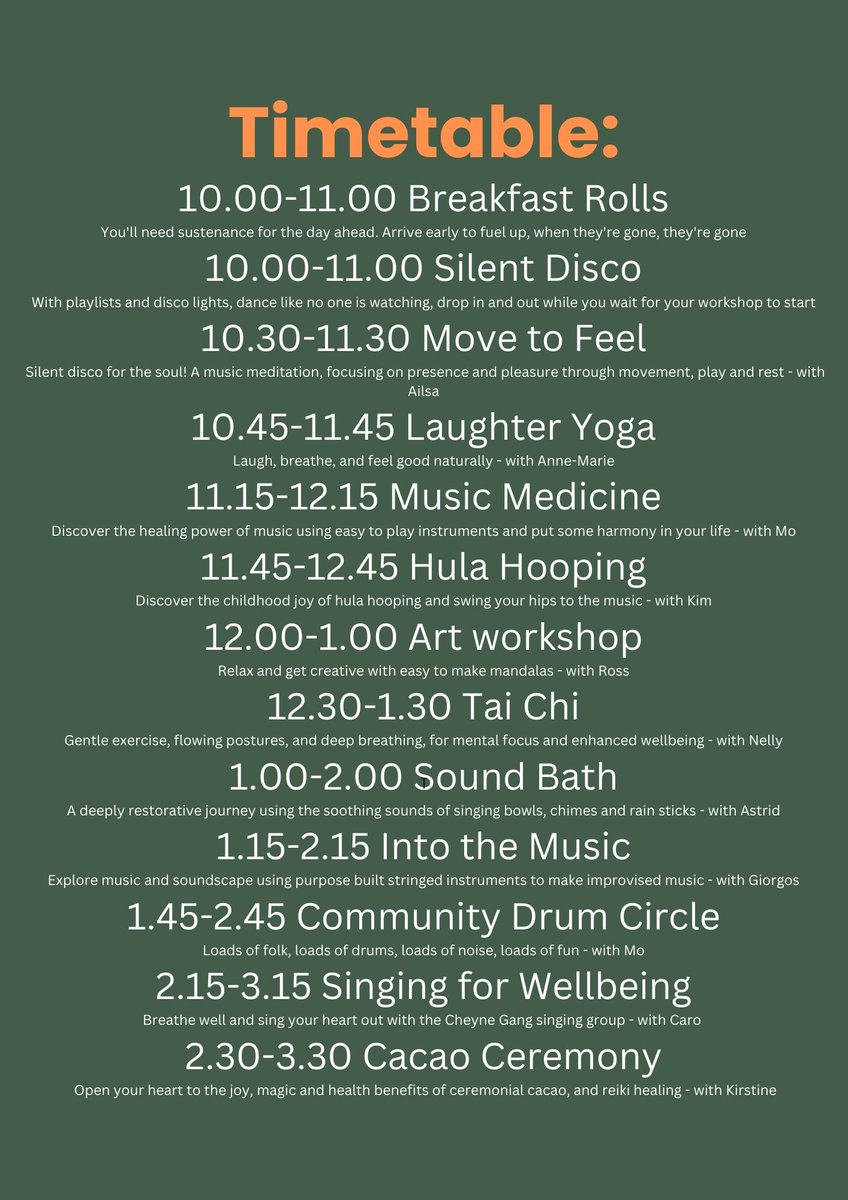 It is here! The fantastic timetable for this years Wellbeing Open Day! Full program of wonderful  workshops for you, all for free. Saturday 11th Oct, its looking like our best yet so don't miss out. Turn up early on the day to book your space in the workshops of your choice