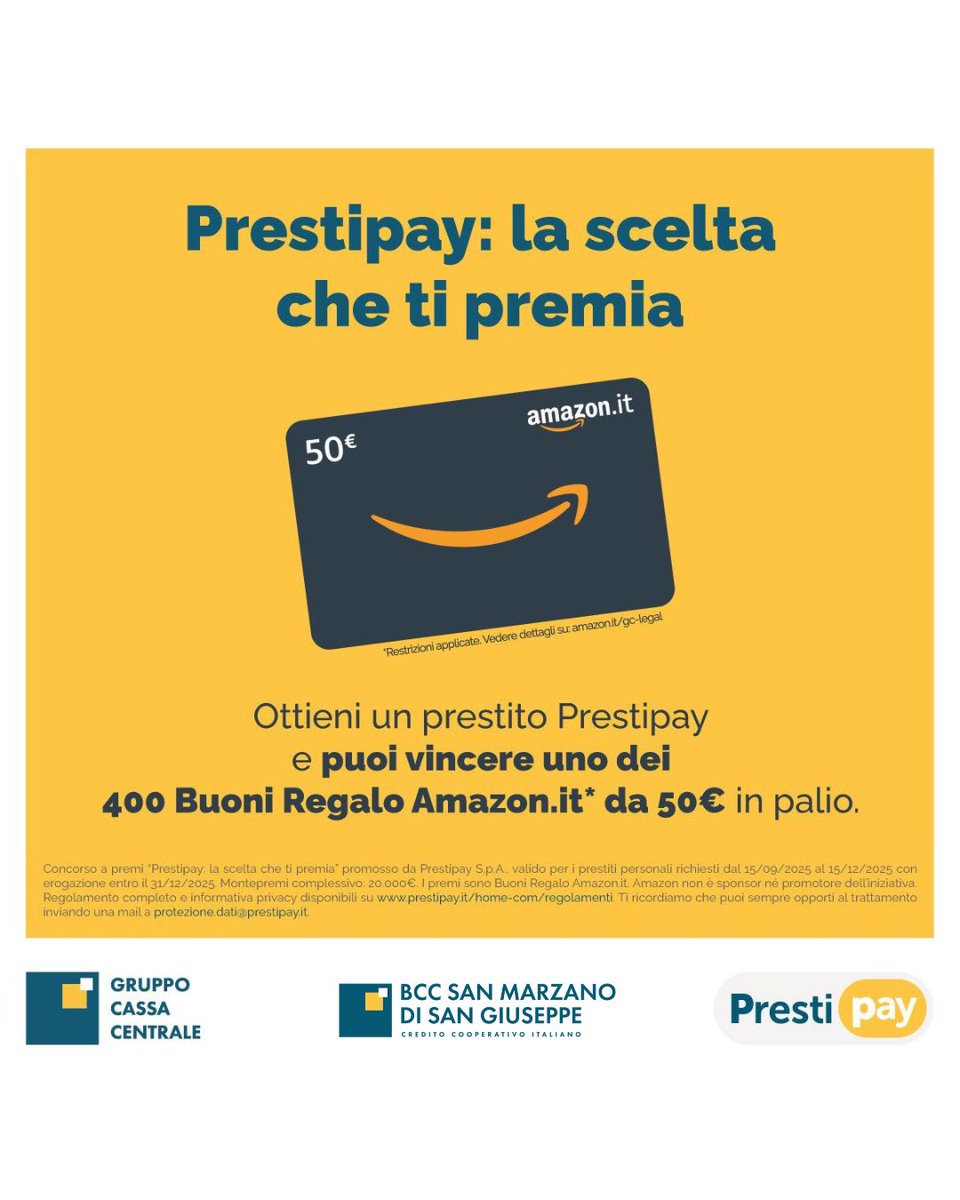 ✨ Oggi parte la promo Prestito Salta la Rata di Prestipay✨

✔️ Salta la rata di dicembre ogni anno, per tutta la durata del finanziamento.

Se partecipi al concorso “Prestipay: la scelta che ti premia”, puoi vincere uno dei 400 Buoni Regalo Amazon da 50€ in palio!