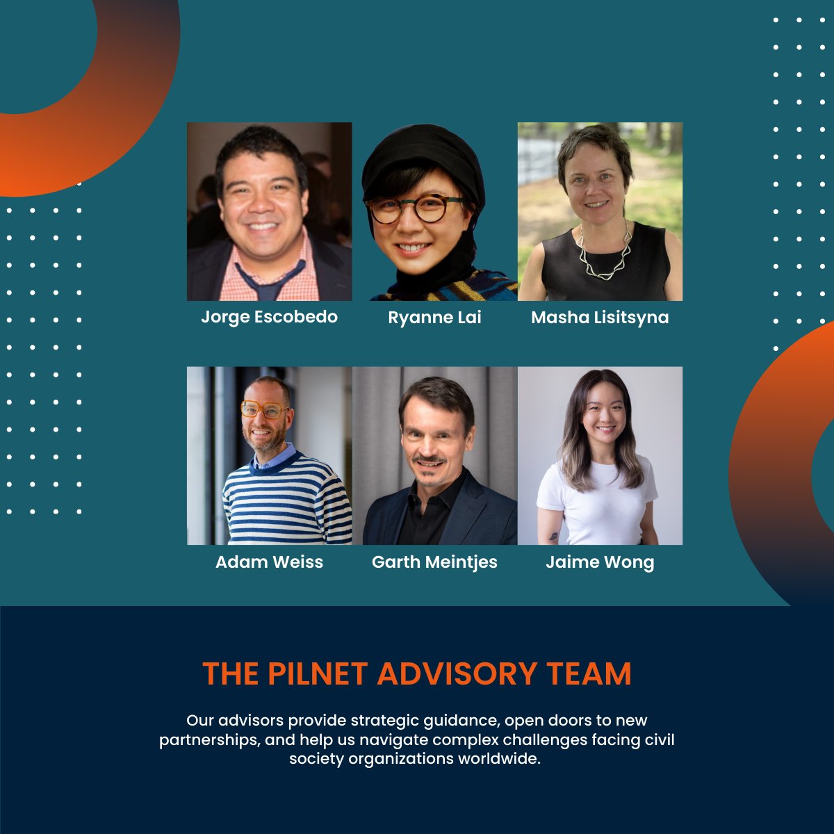 Launching our #AdvisorySpotlight Series, every Friday starting today!!

6 incredible leaders are guiding our mission for global #legalaccess. They support us through; strategic guidance, opening doors to new partnerships &amp; helping us navigate complex challenges facing #CSOs🌍.