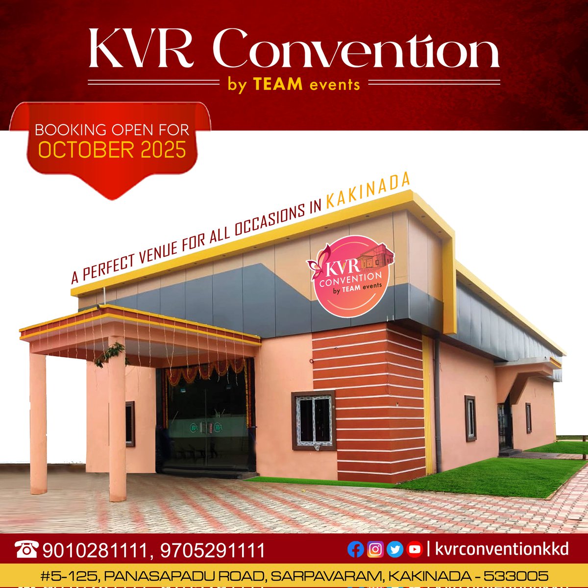 eventsbyTEAM's tweet photo. BOOKING OPEN for October 2025

Make your special events truly unforgettable at KVR Convention – the perfect venue for weddings, receptions, corporate events, parties, and more.

📅 October 2025 Dates Filling Fast – Reserve Yours Now!
📍 Location: Panasapadu Road, Sarpavaram https://t.co/9AnyK0ydGH