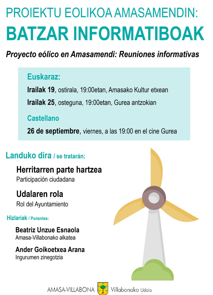 VillabonaUdala's tweet photo. Udalak Amasamendiko proiektu eolikoari buruzko Batzar Informatiboak egingo ditu.
Beatriz Unzue alkateak eta Ander Goikoetxea zinegotziak Udalak duen informazioa eta proiektuaren gainean Udal gobernuaren jarrera partekatuko dituzte.
#ProiektuEolikoa #Batzarrak #AmasaVillabona https://t.co/zdkbKyQg7J
