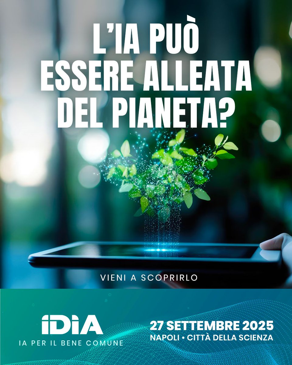 🌍 L’intelligenza artificiale può essere alleata del pianeta? A IDIA - IA per il bene comune, il 27 settembre, scopriremo come tecnologia e l'innovazione possano guidare una transizione ecologica giusta.

👉 Iscriviti qui: eventbrite.it/e/biglietti-id…

✨ IDIA - Napoli, 27 Settembre