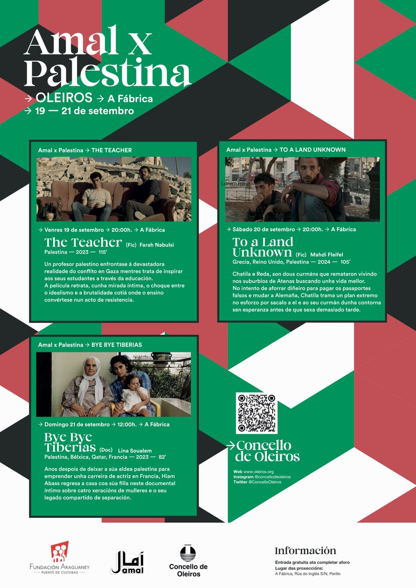🇵🇸 #existiréresistir Organizamos desde a <a href="/AraguaneyFund/">Fundación Araguaney</a> a mostra de cine  “AMAL X PALESTINA” no <a href="/ConcelloOleiros/">Concello de Oleiros</a> 2️⃣ficcións e1️⃣documental_ Venres 19-domingo 21 de setembro na Fábrica, en Perillo, coa resistencia do pobo palestino como temática

ℹ️festivalamal.com/amal-x-palesti…