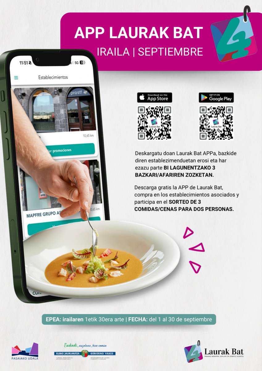 LAURAKBAT's tweet photo. 🎁🍽️ Janari onaren zaleak, adi! Afari bat doan nahi duzun pertsonarekin?

Parte hartu 3 bazkari/afariren zozketan!
1️⃣ Erosi Laurak Bat-eko bazkidea den denda batean
2️⃣ Eskaneatu QRa kutxan
3️⃣ Listo, Zorte on!

📆 Irailaren 30era arte!
👉🏼 QRa erakusten ez badizute, eskatu! 😉 https://t.co/6dMcDa3xVX