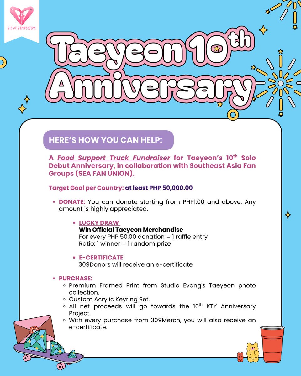 A Support Truck for #Taeyeon in collab w/ SEA UNION

Donation Status
🚛P6,619.00 of P50,000
💜13.24%
👉Join here: linktr.ee/309KTY2025

Goal per country: at least P50,000
Deadline: Sept.30
Thank you to all 309Donors🦋

Donate or buy 309Merch to show your support for #Taeyeon🩷