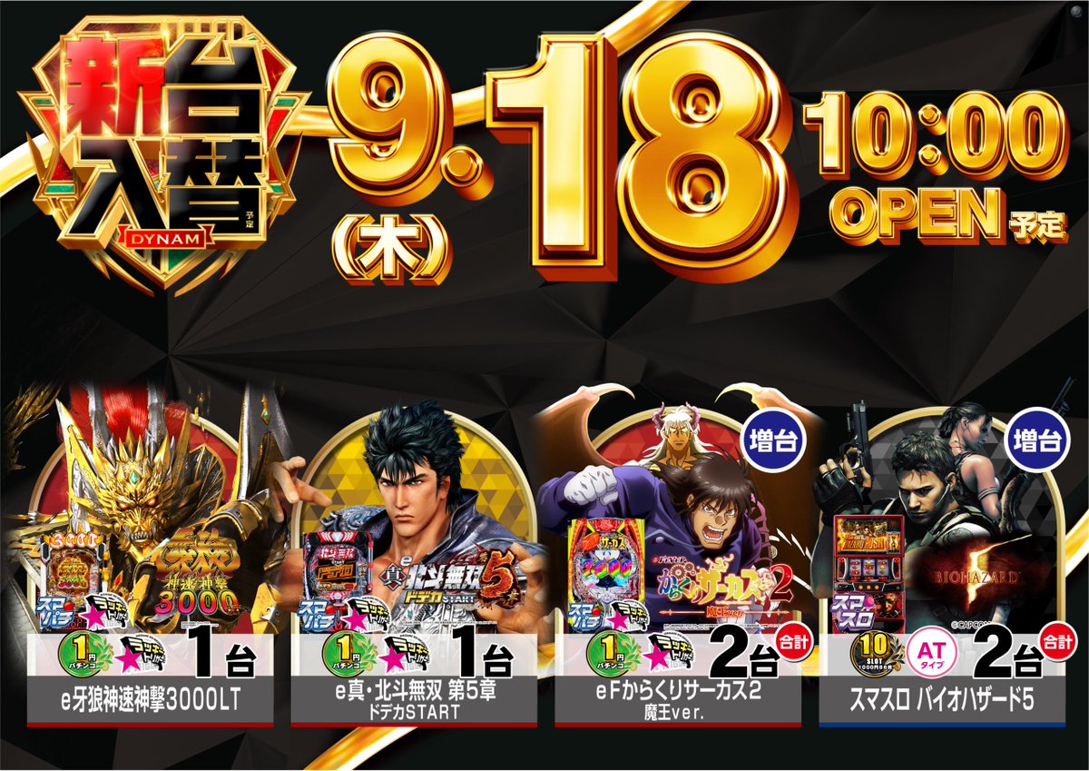 ✨ ９/１８ (木) #新台入替 予定✨
10時OPEN⏰抽選開始9:45 予定

&lt;10スロ&gt;
　#Lバイオハザード5 増台

&lt;1円パチンコ&gt;
　#e牙狼神速神撃3000LT
　#e真・北斗無双 第5章 ドデカSTART
　#eFからくりサーカス2魔王ver. 増台

ぜひ朝からご来店ください❗️

#ダイナム