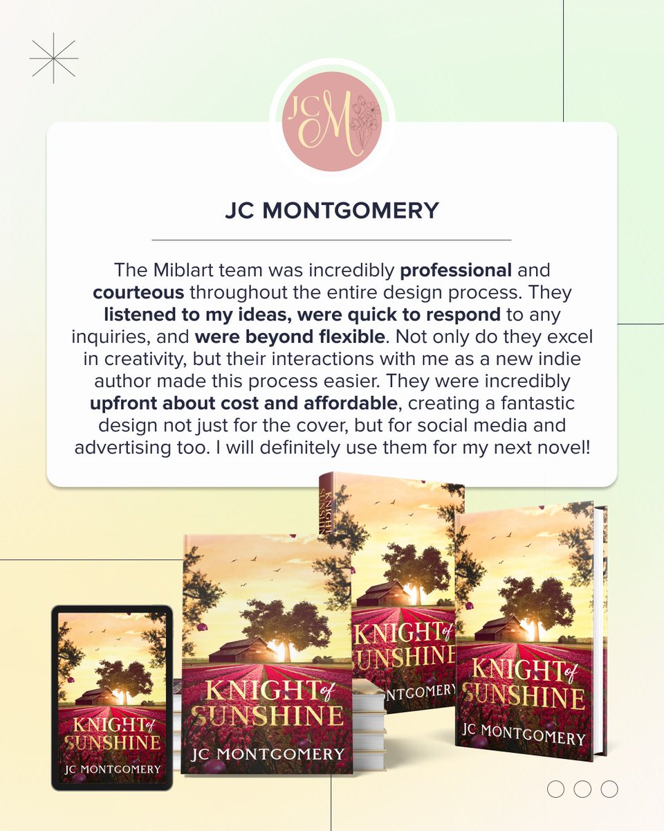 miblart's tweet image. Say hello to the beautiful #bookcover for Knight of Sunshine by JC Montgomery! This heartfelt romance reminds us how life’s joys and sorrows shape who we are. Enjoy the tender #coverdesign in detail below!