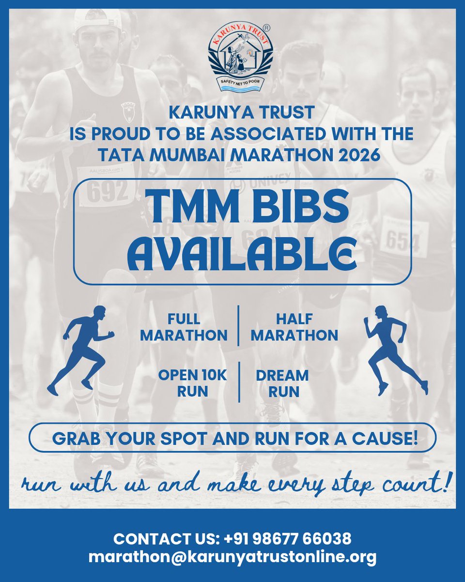 Join Karunya Trust at the Tata Mumbai Marathon 2026 and run with purpose.
Secure your bib today and be the change
📞 +91 98677 66038
📧 marathon@karunyatrustonline.org

#RunForACause #TataMumbaiMarathon2026 #KarunyaTrust #CharityRun #MakeADifference #RunWithPurpose