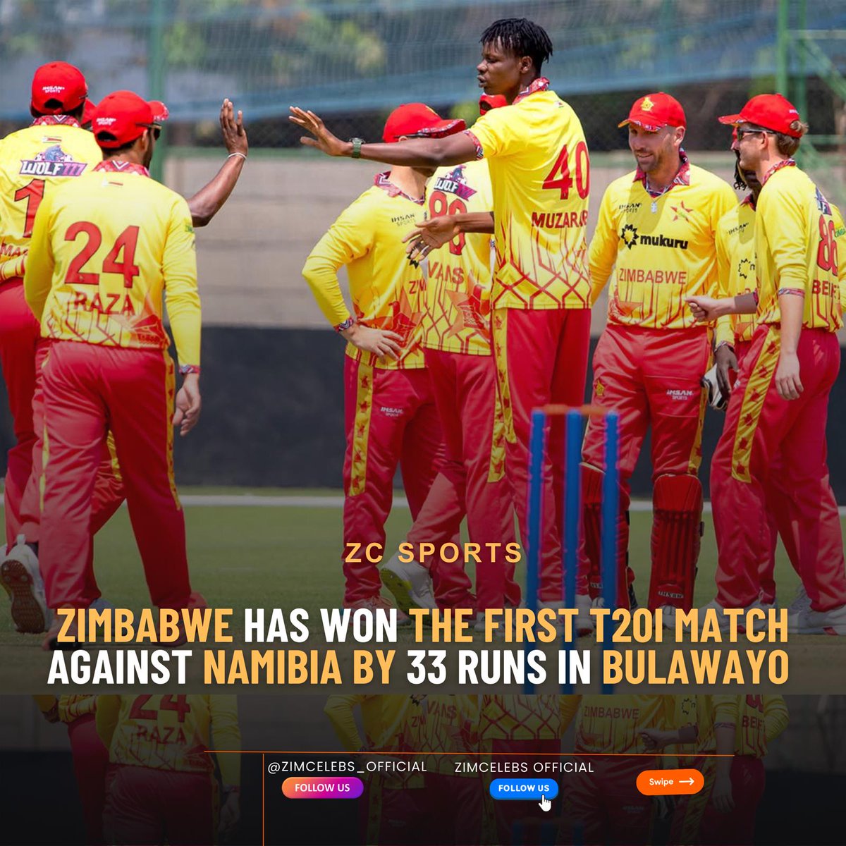 Zimbabwe has beaten Namibia by 33 runs. The Chevrons posted 211 for the loss of only three wickets. A brilliant opening partnership of over 100 runs from Marumani and Bennet helped to set up a good platform. Bennet was dismissed in the 90s and Marumani was on fire with back to