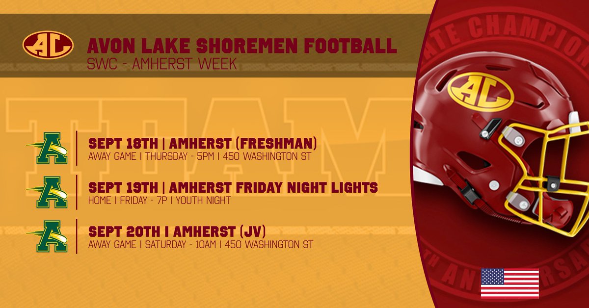 Week #5 of High School football is upon us - Amherst week - SWC! Here is a run down of Avon Lake's High School games this week. Let's Go SHOREMEN! #AvonLakeFootball#Community#Shoremen#Support#FridayNightLights