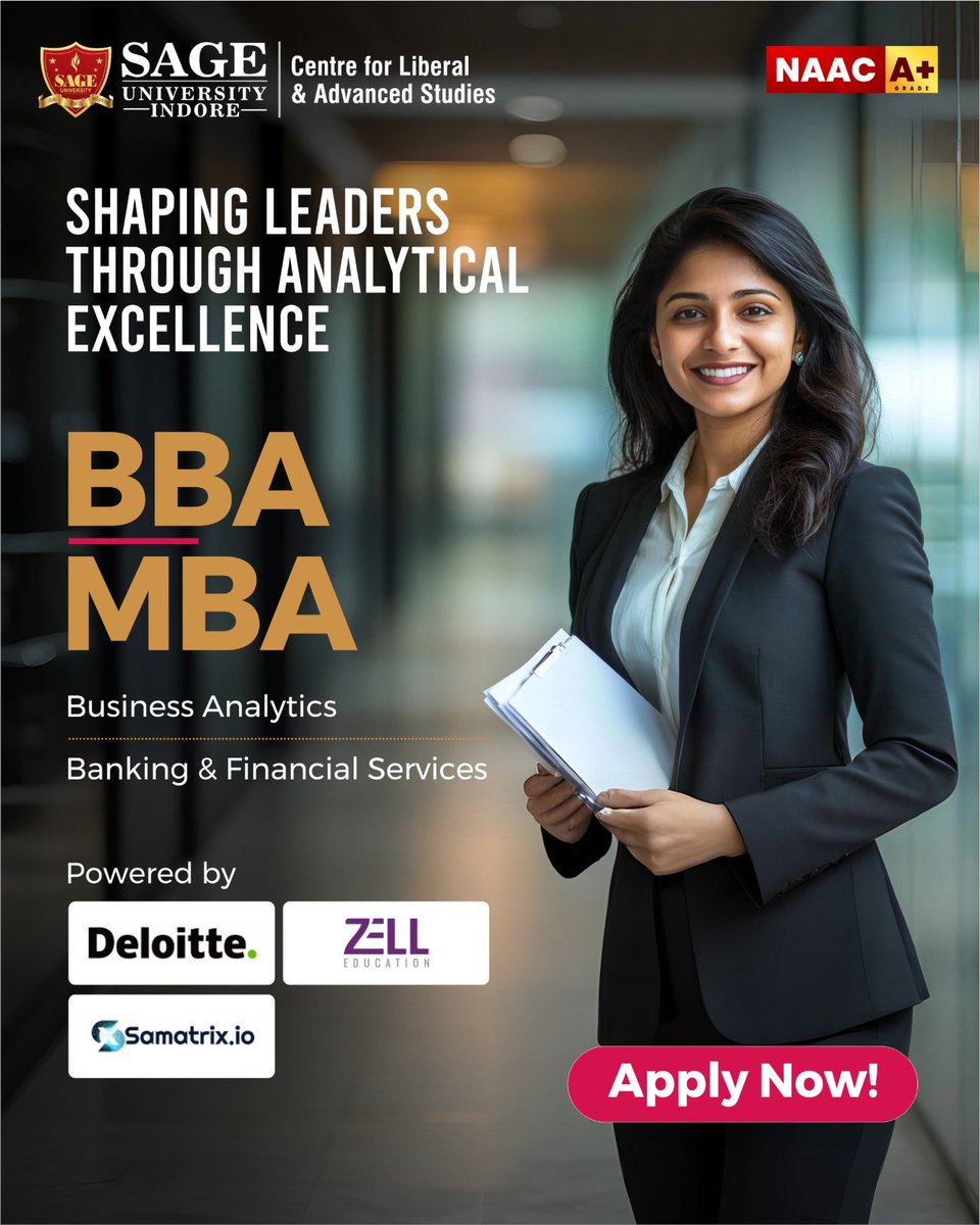 SAGE_INDORE's tweet photo. Future-ready careers start here!

Join BBA &amp; MBA in Business Analytics &amp; Banking/Financial Services at the Centre for Liberal &amp; Advanced Studies. 

Admissions closing soon—apply now! 
__
#SAGEUniversityIndore #ManagementStudies #BBA #MBA #FutureLeaders #BusinessAnalytics https://t.co/6FRTO4oW11