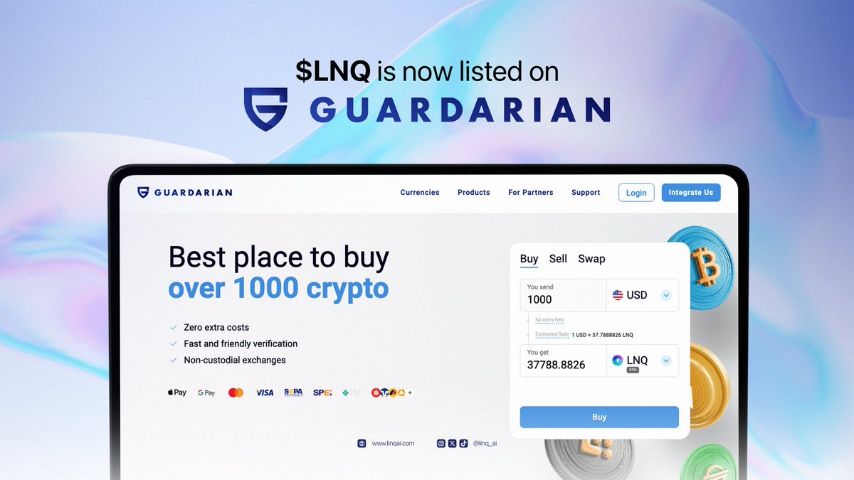 $LNQ is now live on Guardarian!

<a href="/guardarian_com/">Guardarian</a> is a trusted fiat-to-crypto onramp that lets you buy instantly with 1000+ crypto &amp; fiat options 🌍

Now you can easily buy $LNQ with over 1000 crypto and fiat options.

👉 guardarian.com