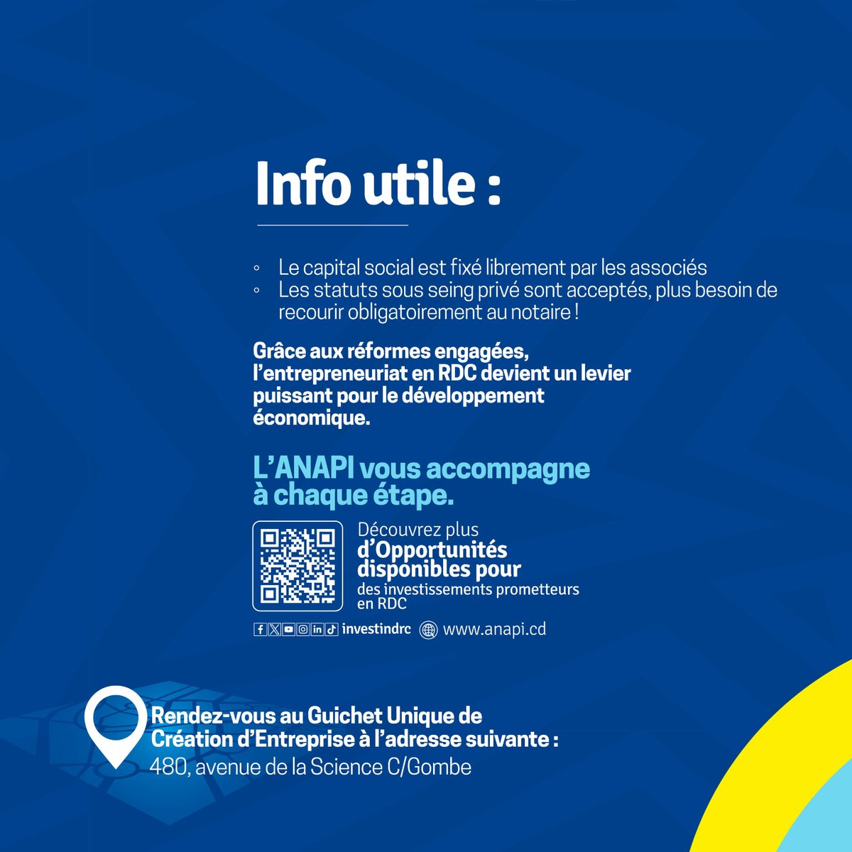 Bon à savoir 🖊️

Créer une entreprise en République Démocratique du Congo 🇨🇩 n’est plus un casse tête. Les démarches sont simples, rapides et accessibles.

Pour plus d'informations, 👉 visitez le anapi.cd 
#investirenrdc #investindrc #anapi_climat_des_affaires #drc