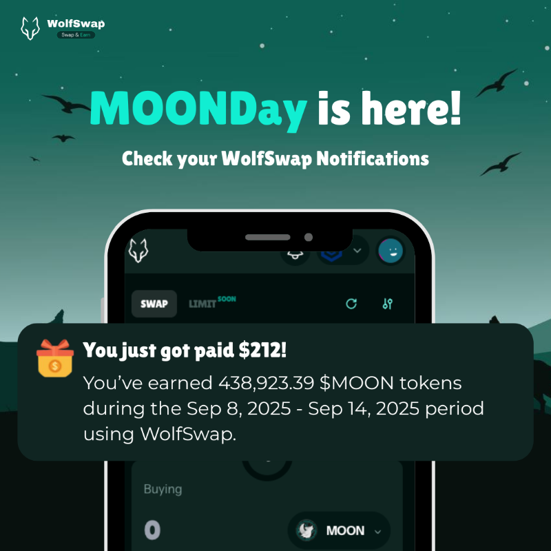 wolfswapdotapp's tweet photo. If you didn't swap on WolfSwap last week, you're missing out on juicy weekly rewards for your actions💰

It's #MOONDay and YOU just GOT PAID 🎉 Go check those notifications, your wallet's waiting for that sweet boost!

What are you planning to do with your rewards? 👇