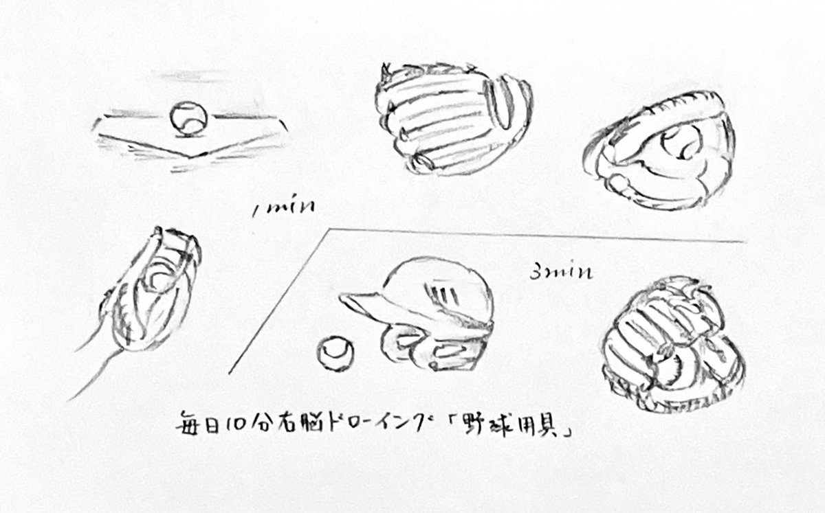 #毎日右脳ドローイング「野球用具」
#日々描く
ありがとうございます。

1～3分ではとても描けないグローブの複雑な造りに感動🥲。