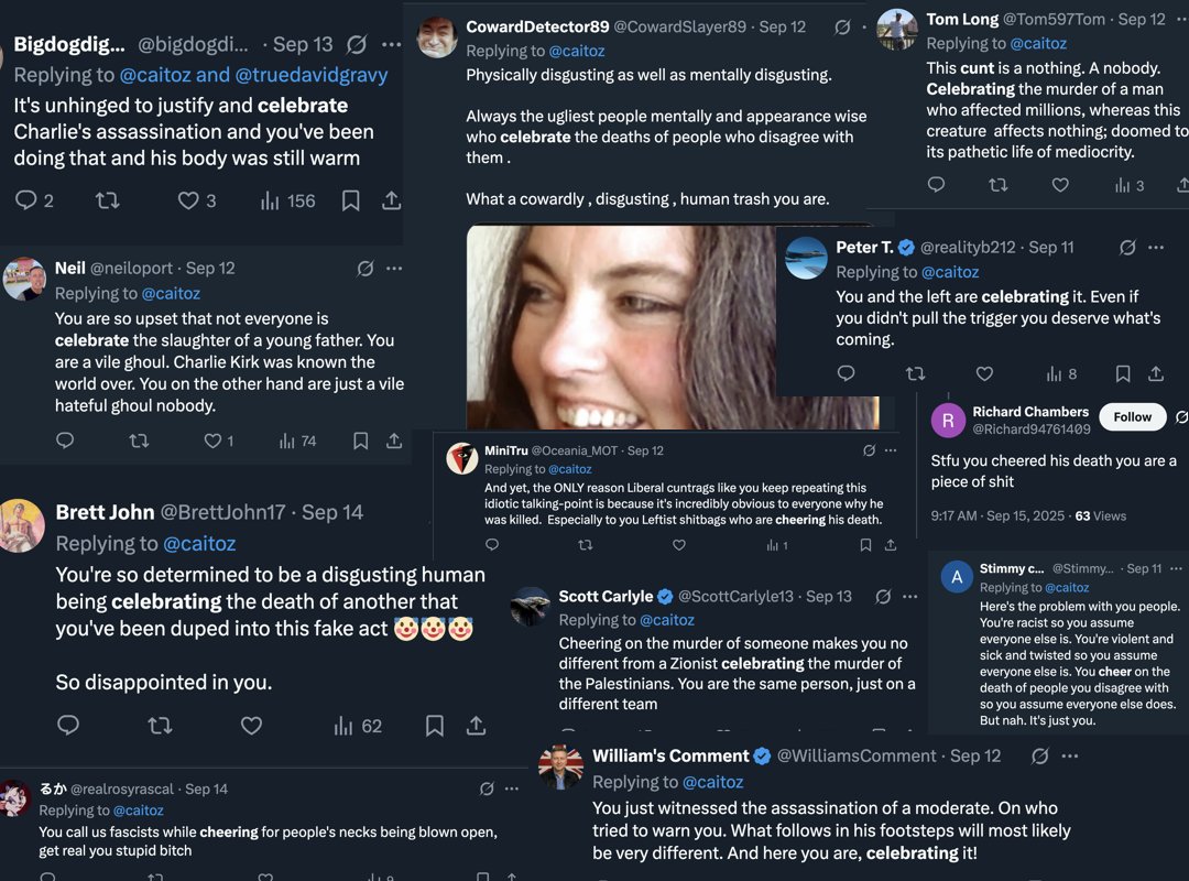 When rightists talk about people who "celebrated" Charlie Kirk's death they're talking about literally anyone who didn't give him the respect and reverence they feel he was due. For days they've been falsely claiming I celebrated and cheered his assassination because I didn't act