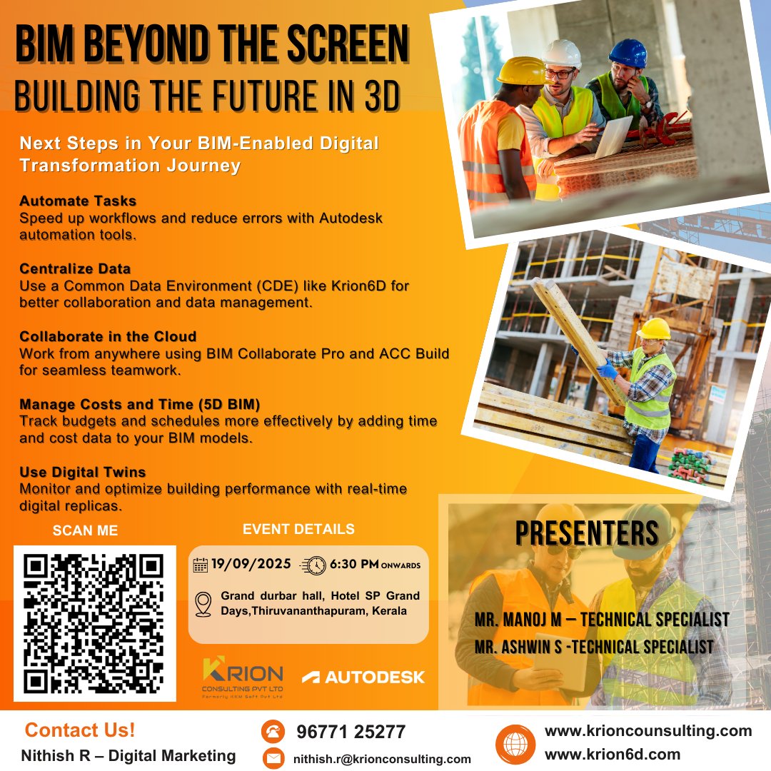 KrionConsulting's tweet photo. 🚀 BIM Beyond the Screen: Building the Future in 3D!
📅 19 Sept 2025 | 🕡 6:30 PM
📍 Hotel SP Grand Days, Thiruvananthapuram
Learn: ⚡ Automate tasks | ☁️ Cloud collaboration | 📊 5D BIM | 🛰 Digital Twins
👨‍💻 Speakers: Manoj M &amp; Ashwin S
 #Krionconsulting #Autodesk https://t.co/ZVrWjJsZV2