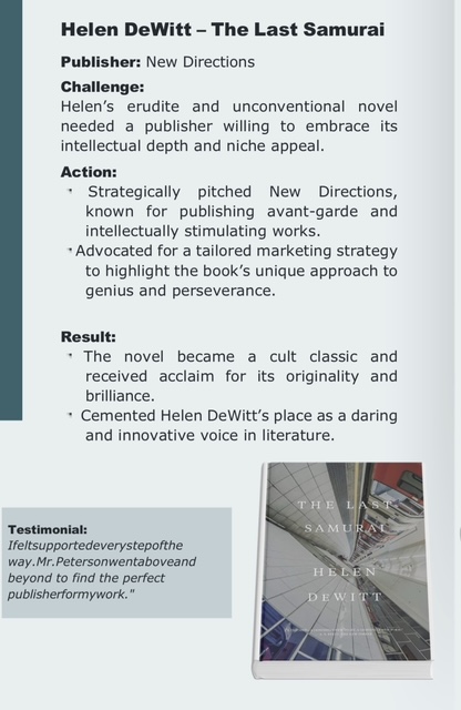 helendewitt's tweet image. I&apos;ve received an email from someone whose mother-in-law was being pushed for a contract by a &quot;book broker&quot; called Lucy Peterson who claimed she&apos;d worked with me. In case anyone comes across her, this is a complete fabrication. She had no role in reissue of The Last Samurai.