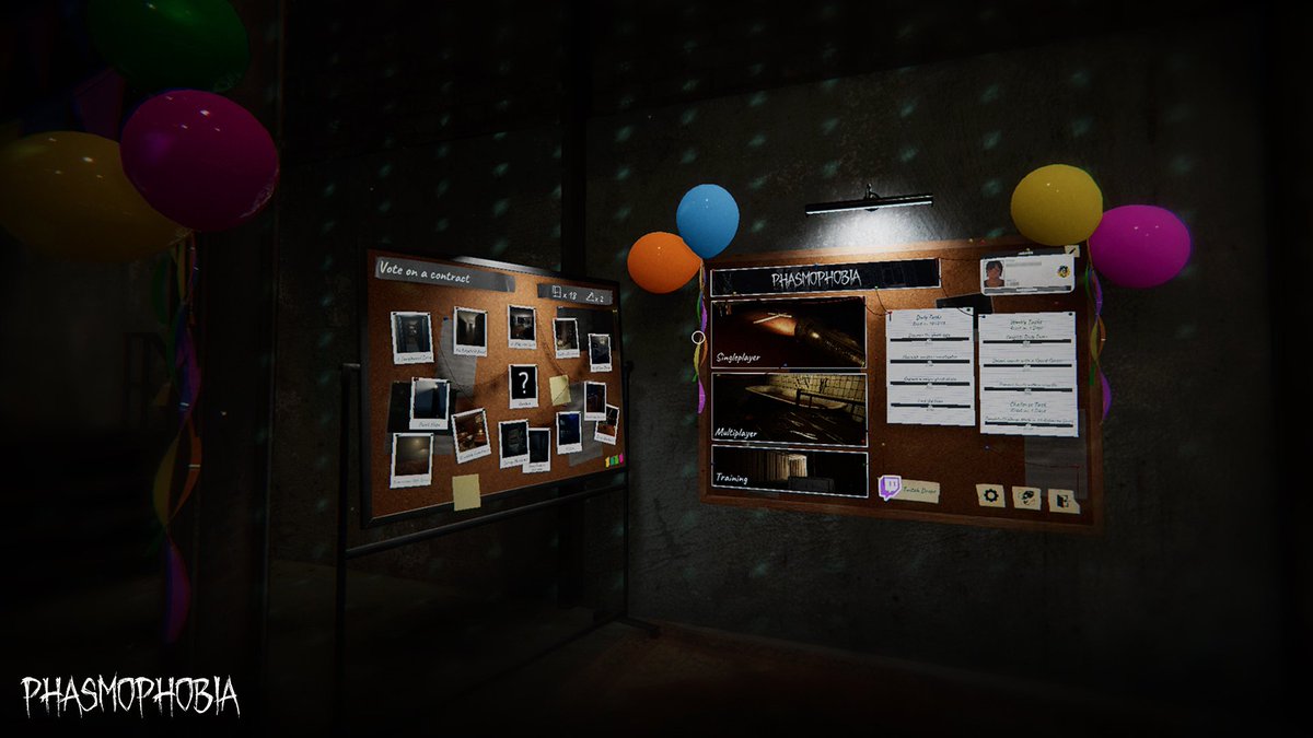 Ghost Hunters, the celebrations begin. We have deployed a small update to #Phasmophobia, bringing with it our 5th anniversary festivities. 

- Anniversary lobby
- Double XP and money on all activities 
- Anniversary login reward 
- New Twitch Drops