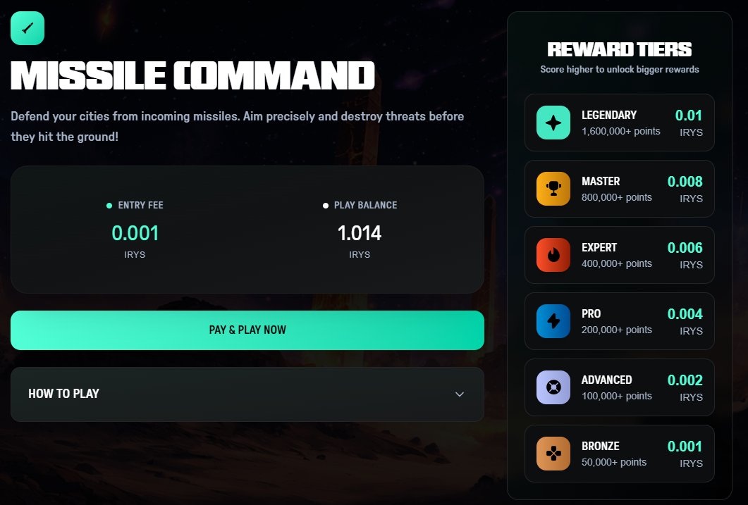 vstampede40's tweet image. Defend your cities in Missile Command! Aim precisely to destroy threats and earn IRYS rewards. 
Entry fee: 0.001 IRYS. Play now with 1.014 IRYS balance! #MissileCommand #Gaming #CryptoRewards @irys_xyz