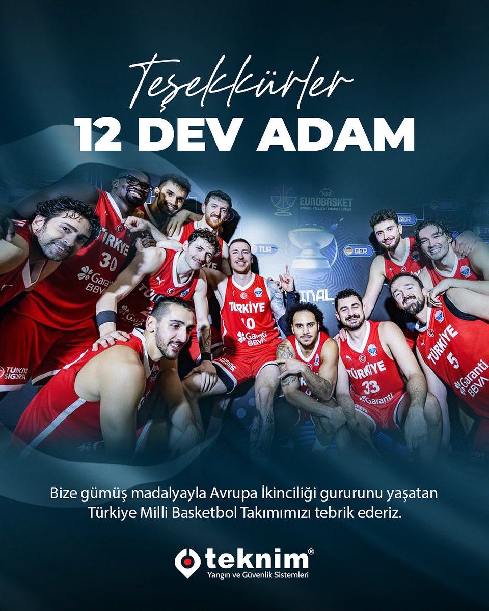Teknim's tweet image. Teşekkürler 12 Dev Adam 🏀 🇹🇷

Bize gümüş madalyayla Avrupa İkinciliği gururunu yaşatan Türkiye Milli Basketbol Takımımızı tebrik ederiz. 👏 
#teknim #12devadam
