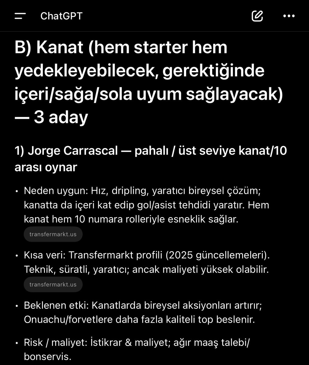 Chatgpt’ye dünkü maçı yorumlattım. Takımın neye ihtiyacı var ocak ayında nerelere transfer lazım isim öner dedim. O bile biliyor.