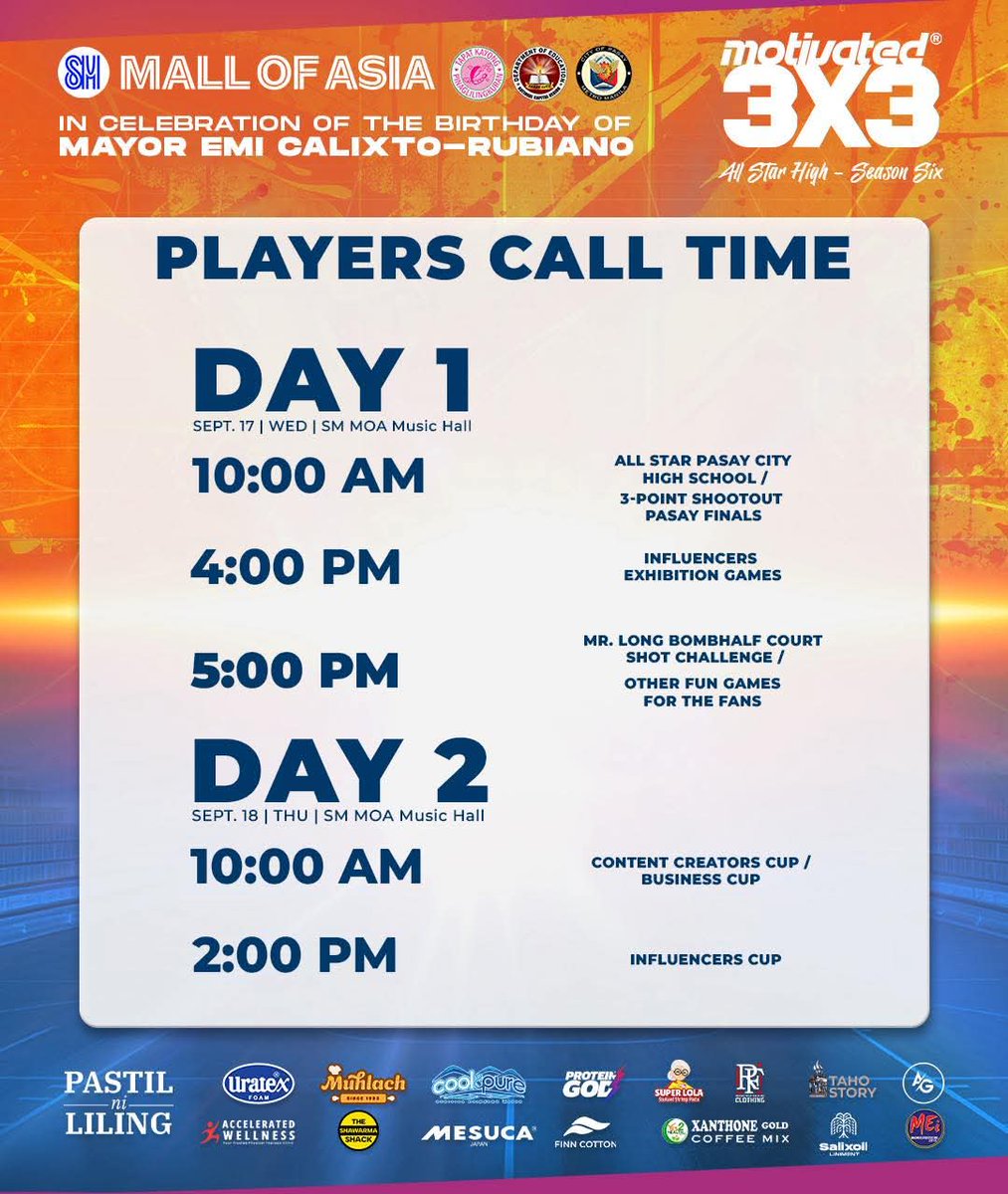 DavidsAdvocate's tweet photo. [🏀] Here's the schedule for the #Motivated3x3 #AllStarHigh  game on September 18. 

Please take note of the Influencers Cup schedule. ⛹️

#DavidLicauco https://t.co/aoXLkQkoGF