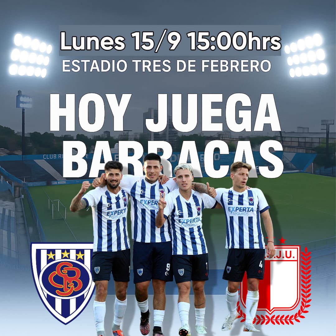 ¡Hoy juega Barracas!
Vamos nosotros.

🆚 Juventud Unida
🗓️ Lunes 15 de septiembre
⏰15:00 HS
🏟️ Estadio Tres de Febrero
