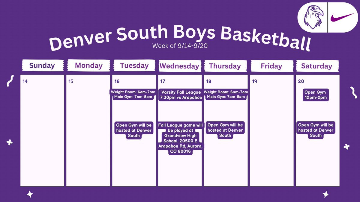 Week at a glance! Open Gym will be held 6am-8am on Tuesday and Thursday at Denver South. Varsity will play on Wednesday at Grandview at 7:30pm against Arapahoe. Open Gym will also be held Saturday 12pm-2pm. 

| #WeAreDenverSouth | #ProtectTheNest |