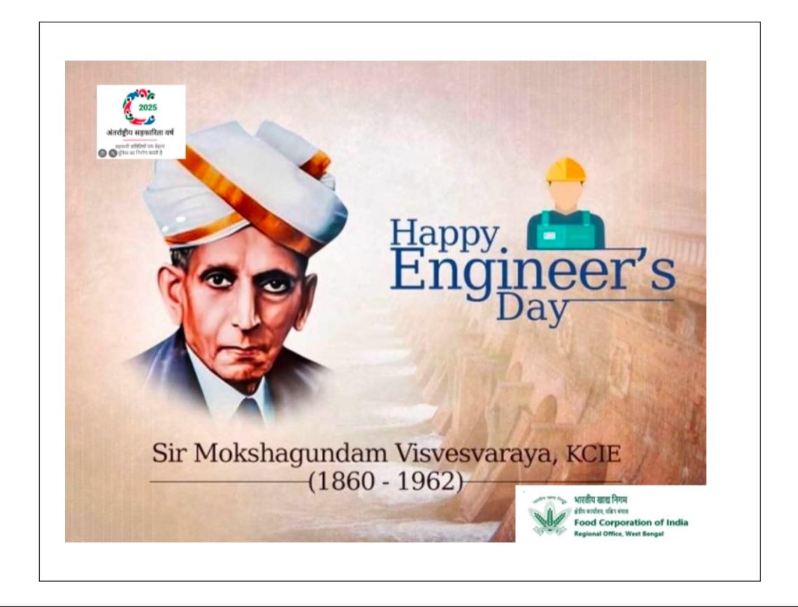 On the occasion of National Engineers' Day,FCI extends warm wishes and acknowledges the vital role engineers play in nation-building &amp; technological progress.The day honors the birth anniversary of SriMokshagundam Visvesvaraya,a pioneer in Indian engineeringBharat Ratna awardee.
