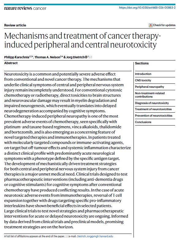 🧠 Neurotoxicity in Cancer Therapy
New review (Nat Rev Clin Oncol) by <a href="/pkarschnia/">Philipp Karschnia</a> 
<a href="/PNSociety1/">Peripheral Nerve Society (PNS)</a> <a href="/NeuroOnc/">SNO</a> <a href="/MGBResearchNews/">Mass General Brigham Research</a> <a href="/MGHCancerCenter/">Mass General Cancer Center</a>

✅ Pathophysiology of chemo-, RT- &amp; IO-induced neurotoxicity
✅ Clinical recognition &amp; biomarkers
✅ Prevention &amp; management strategies
