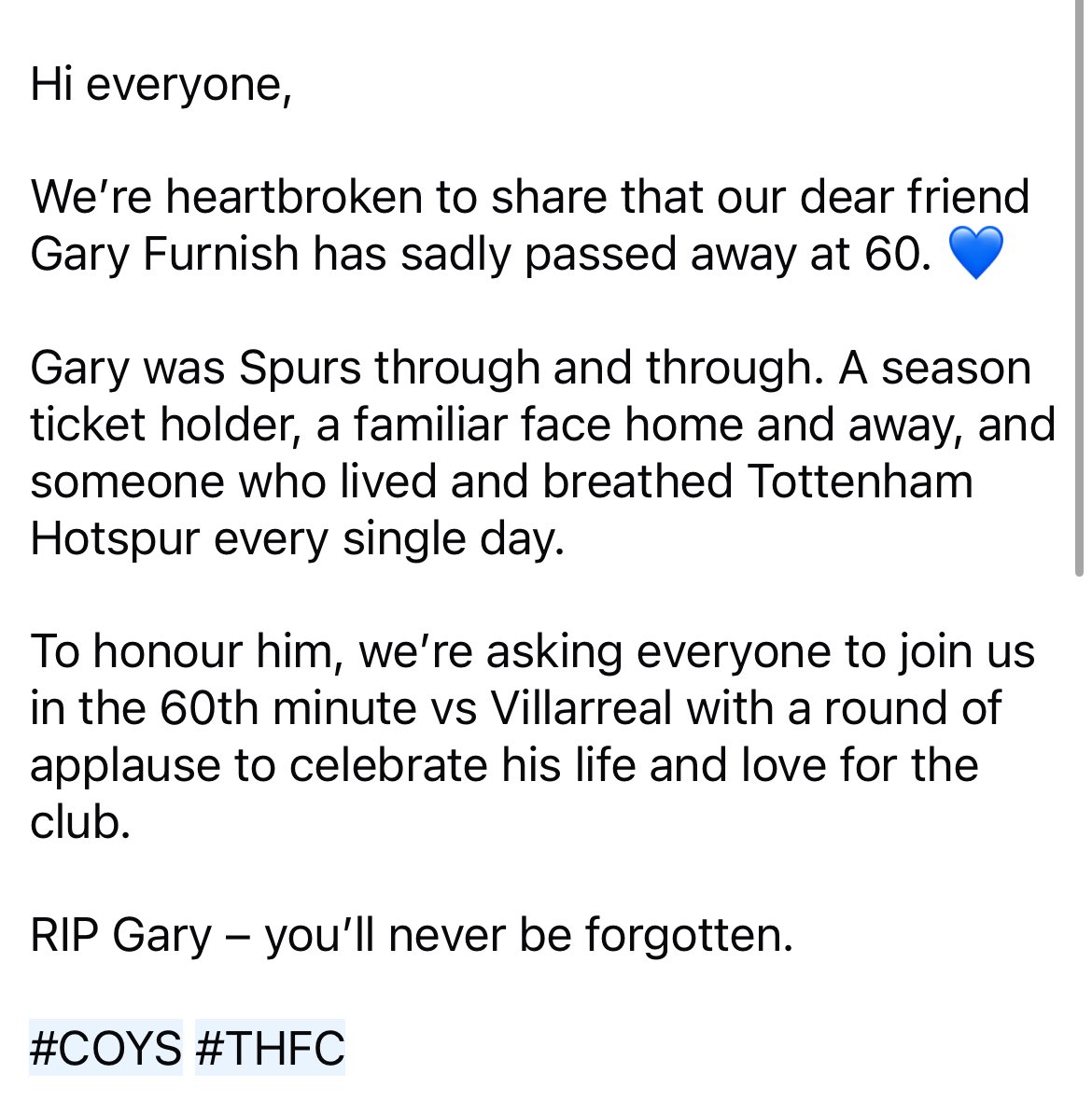 hxghesy's tweet image. Can everyone please share this message.

60th minute vs Villarreal 💙
Join us with applause to remember Gary Furnish, forever Spurs. #COYS #THFC