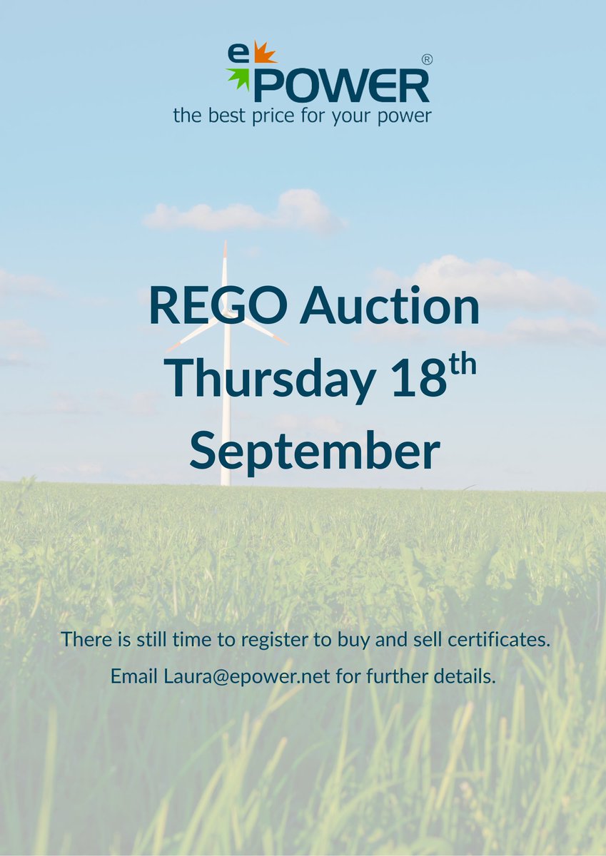 ePOWERrenewable's tweet photo. 📢 Thursday REGO Auction

There’s still time to register! If you’d like to learn more about our auction process or arrange access, please get in touch with us today. https://t.co/nqgh3pV5Yo
