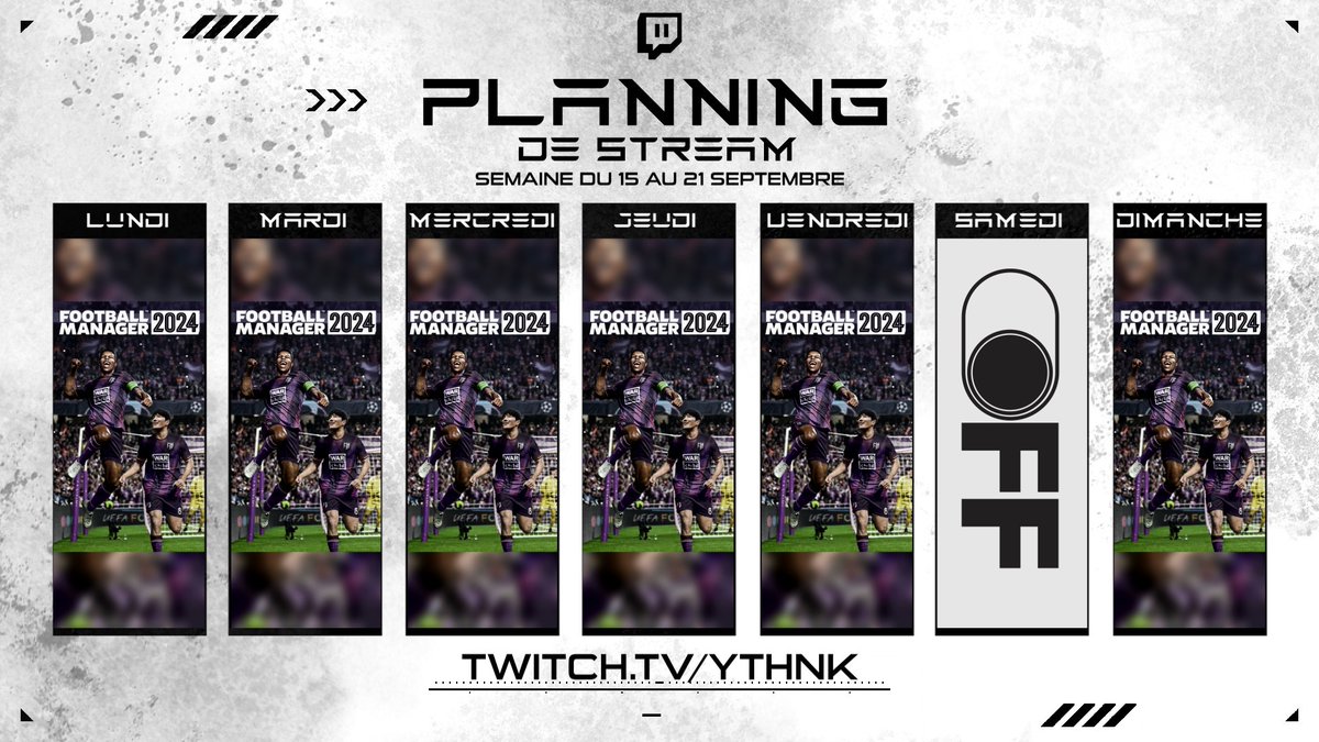 🗓️Nouvelle semaine, nouveau planning !
👉6 jours sur 7 consacrés à une bonne dose de #FM24 ⚽️🔥

🎥Aujourd'hui dés 15h:
💰Dernier MERCATO au FC Porto !
Objectif ➡️ renforcer l'équipe pour aller chercher la LDC 🏆

À tout à l'heure ! 🍿
📺twitch.tv/ythnk