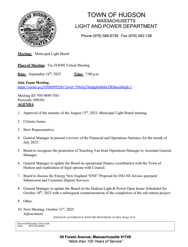 Hudson Light &amp; Power Board Meeting Agenda, September 16, 2025