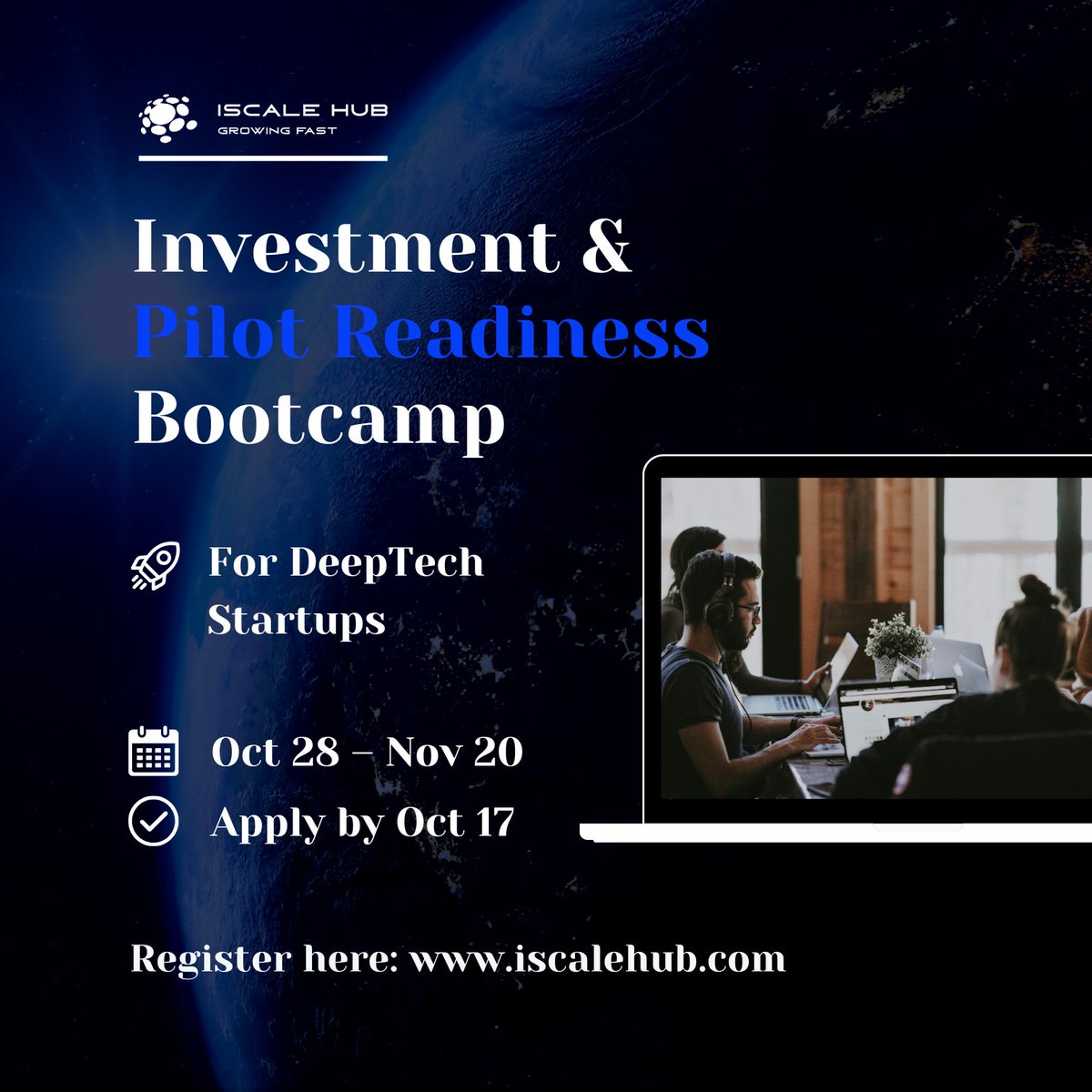 🚀 Are you a #DeepTech founder ready to scale?
Our partners at @iScaleHub just opened applications for their #Investment &amp; Pilot Readiness #Bootcamp.
📅 Programme runs: Oct 28 – Nov 20, 2025
🕐 Apply by: Oct 17, 2025
👉 Learn more &amp; apply: iscalehub.com/bootcamp-for-d…