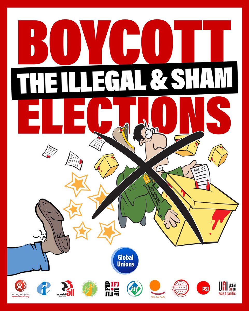 BWI Asia-Pacific, ITUC-AP &amp; GUF-APRO support the Myanmar people’s strong &amp; collective desire to boycott the military junta’s sham Dec 28 elections. We call for stronger global sanctions to cut the junta’s lifelines of repression.

Read our statement. 
bwint.org/BwiNews/NewsDe…