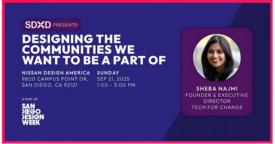 CodeforPakistan's tweet image. Sheba Najmi, Founder and Executive Director of Code for Pakistan, is bringing her civic design leadership to San Diego Design Week.

Sheba will guide participants through a powerful exploration of how design shapes our experience of community.

#CodeForPakistan #ShebaNajmi