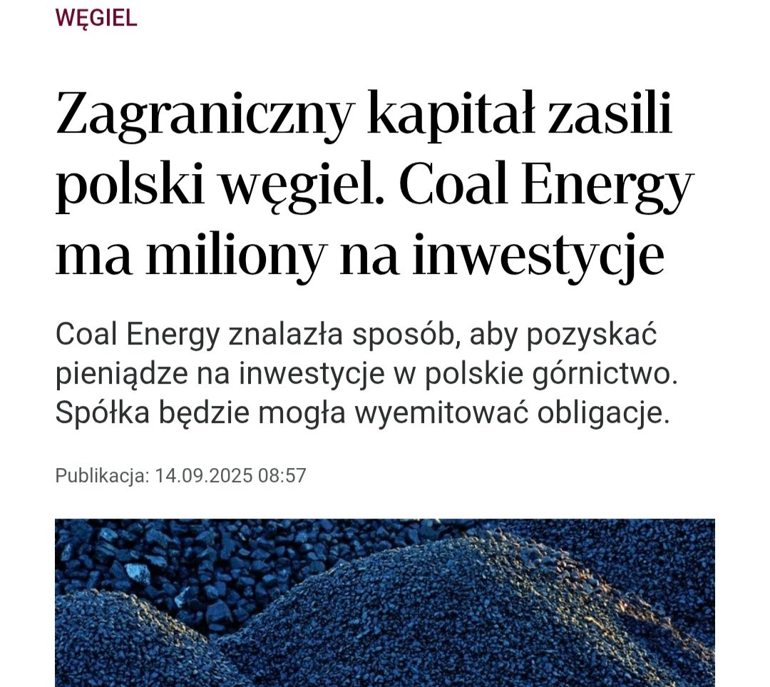 <a href="/lusciniaX3/">Luscinia Cantat Noctu</a> Zagraniczny kapitał ma wystąpić o koncesję dla perspektywicznych złóż węgla kamiennego.
"Technologia, którą stosujemy pozwala na rentowne wydobycie w kopalniach, które wcześniej były uznane za nieopłacalne."
Czyli najpierw trzeba uznawać za nieopłacalne: x.com/PJozwiak_1/sta…
